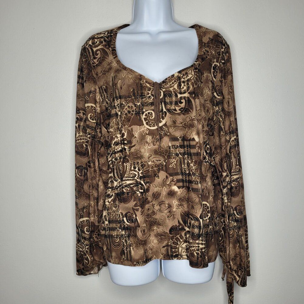 Brown tones dark boho witchy tie bell sleeve earthy rustic grunge top